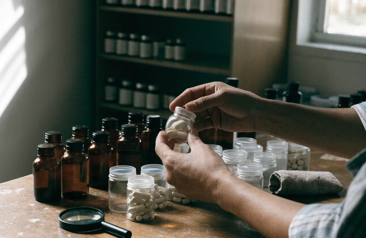 Estantería de farmacia con envases de complementos alimenticios sin etiqueta legible