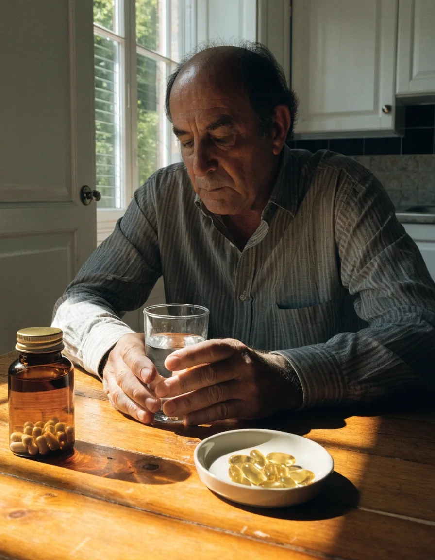 Frascos de suplementos naturales para hombres sobre una superficie clara junto a un vaso de agua