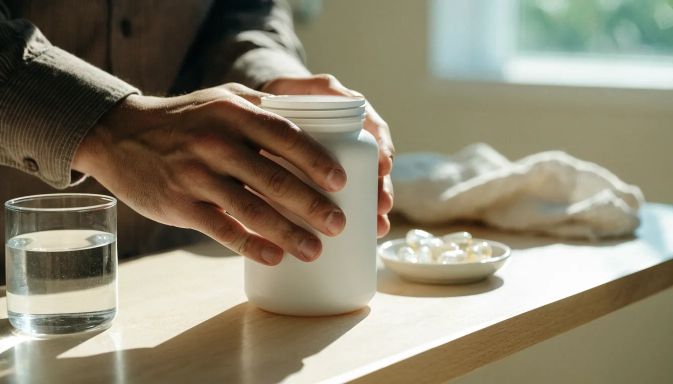Rincón de trabajo editorial con un frasco de cápsulas y un vaso de agua junto a la ventana