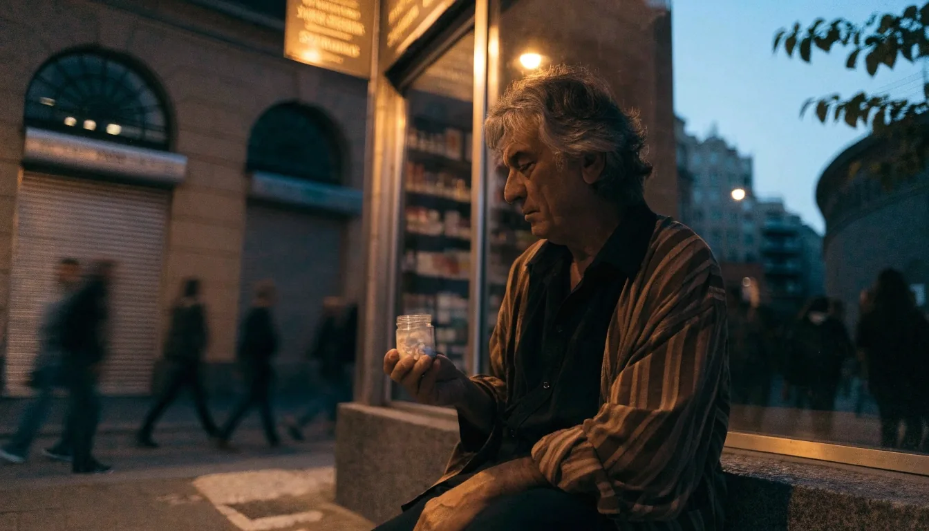 Esquina tranquila del barrio de Salamanca en Madrid al atardecer, junto a una tienda de nutrición