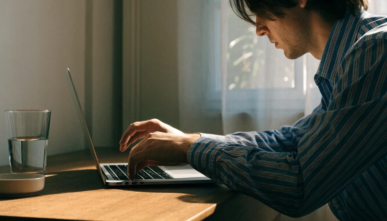 Hombre gestionando la configuración de su navegador desde un escritorio luminoso en casa