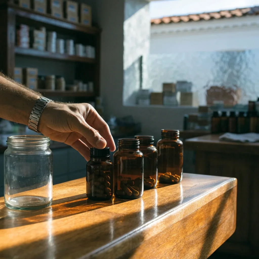 Mostrador de una tienda de nutrición con frascos de complementos sin etiqueta