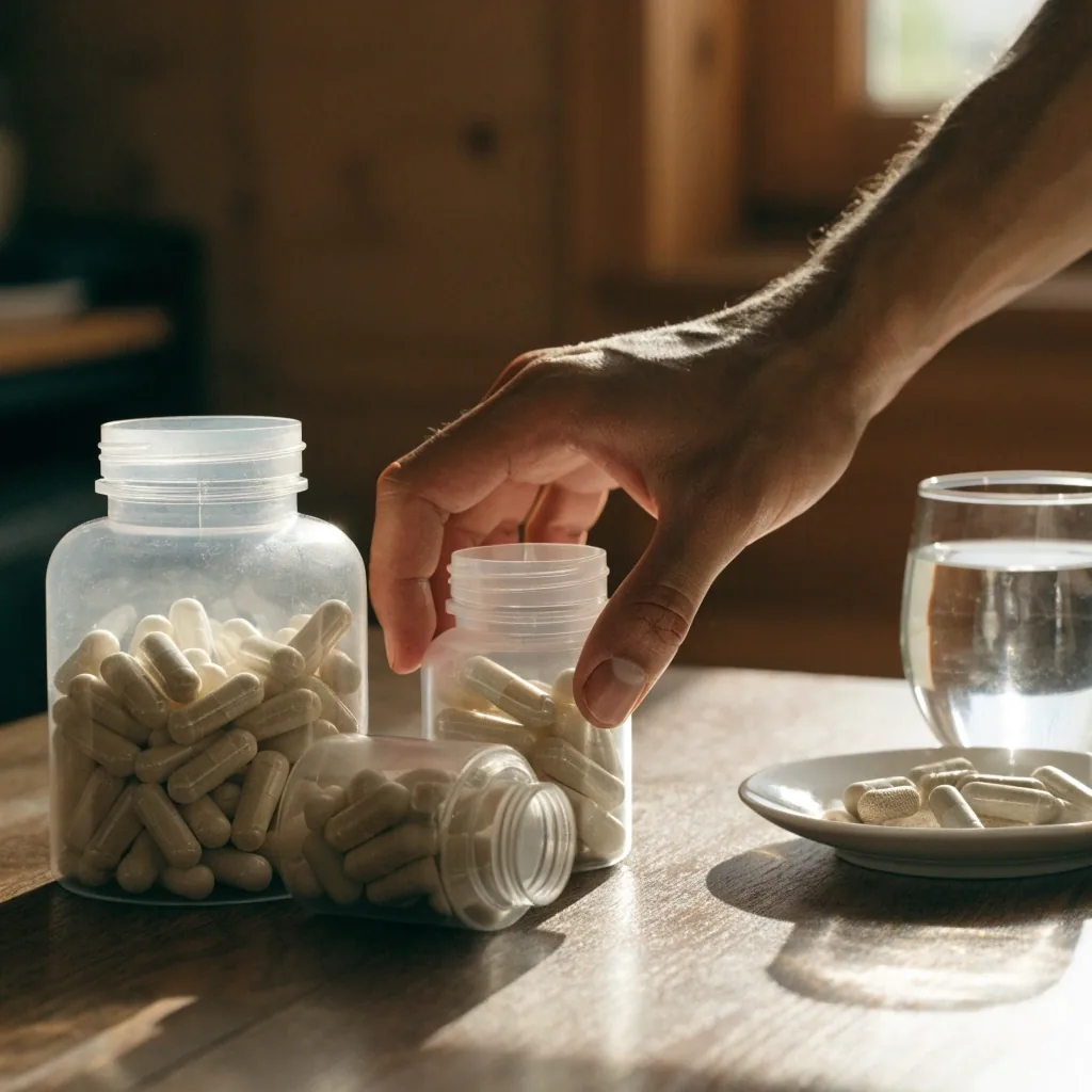 Tres envases de suplementos sin marca junto a un vaso de agua y unas cápsulas en un plato sobre una mesa de madera