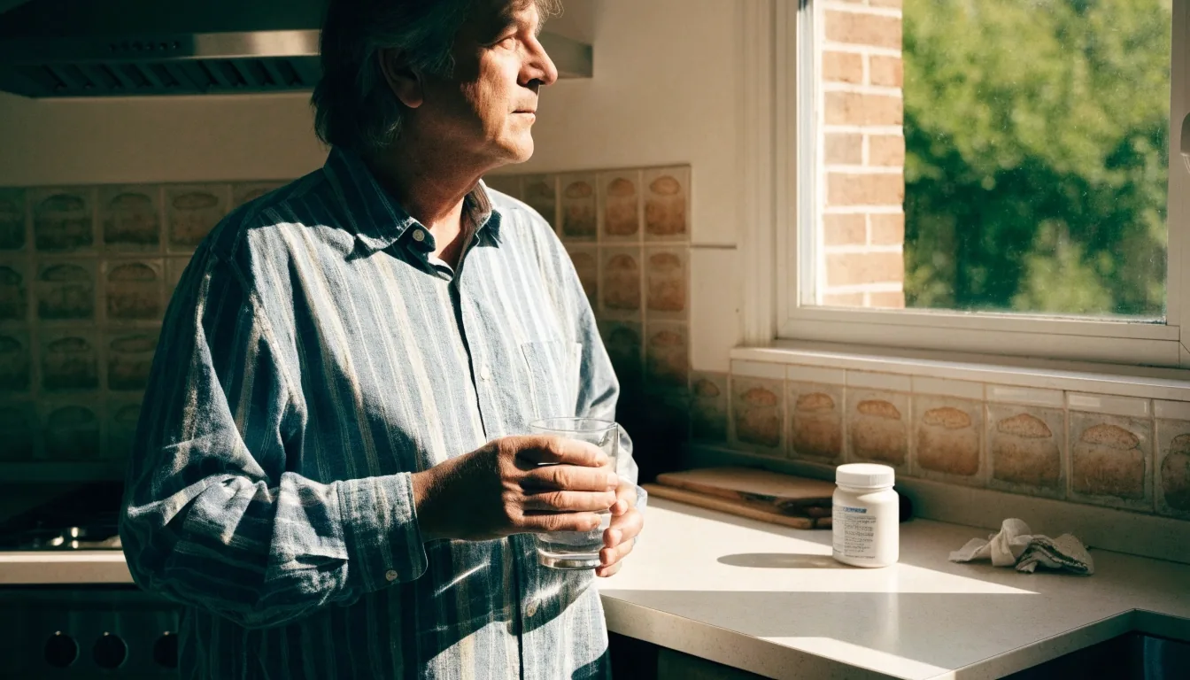 Hombre adulto junto a la ventana con un vaso de agua y un frasco sin marca por la mañana