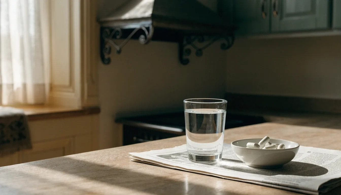 Rincón de un salón al atardecer con un vaso de agua y un frasco sin marca sobre una mesa baja
