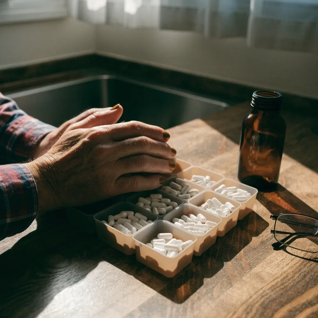 Encimera con un envase de suplemento y un organizador semanal de pastillas