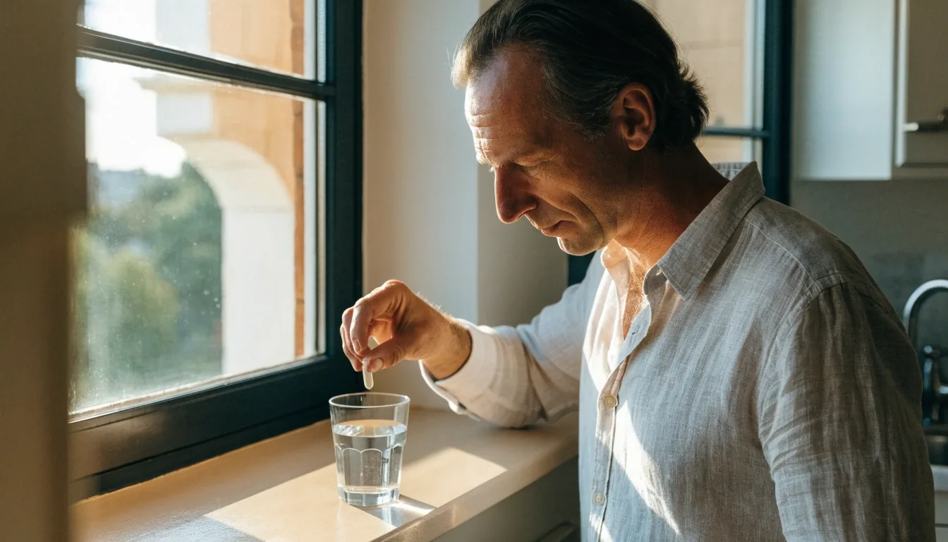 Hombre sosteniendo una cápsula vegetal frente a un vaso de agua en su cocina
