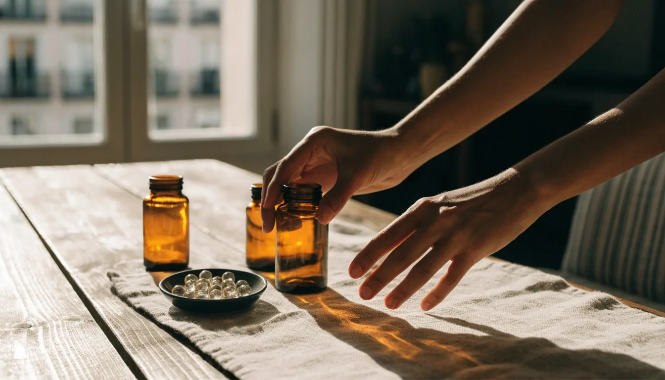 Frascos de suplementos y cápsulas sobre una mesa de madera junto a un vaso de agua